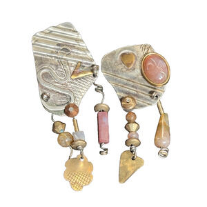 Vintage Artisan Sterling Silver Dangle Stud Earrings Multi-Metal Agate BOHO 2.5"